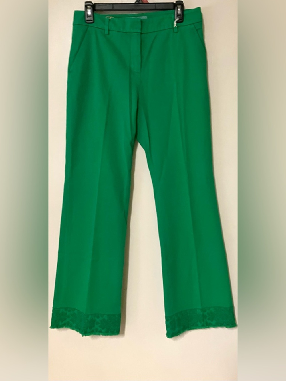 Soft Cotton Green Straight Leg Trouser Pants with Embroidered Hem: Size 6 - Picture 6 of 8